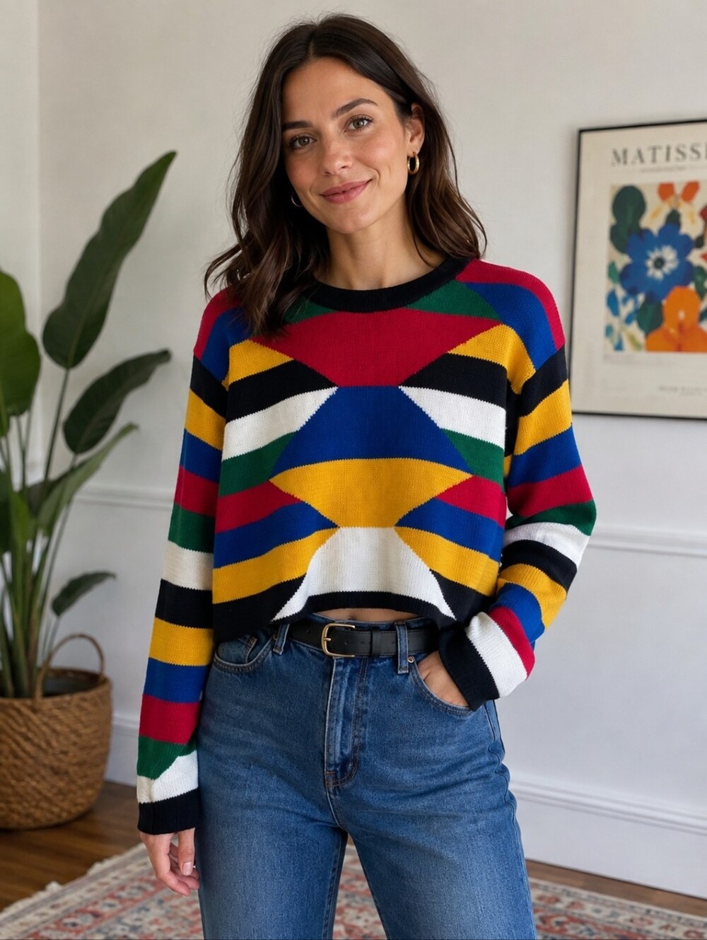 80s Esprit Knit Multicolor Crop Sweater Sz L